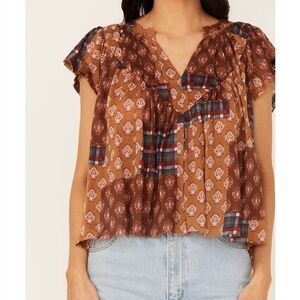 Cleo + Wolf Bogata Patchwork Printed Top Size Mediim Raw Hem Cotton